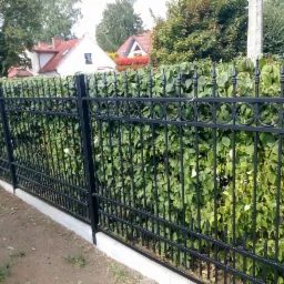 Czarny metalowy płot z dekoracyjnymi elementami, przysłonięty zielonymi krzewami, na tle domów z czerwonymi dachami.