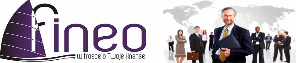 Zespół finansowy Fineo prezentuje się na tle mapy świata, obok logo firmy w kolorze fioletowym. Profesjonalizm i globalny zasięg usług.