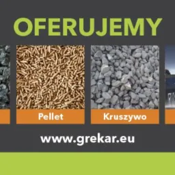 Oferta: węgiel, pellet, kruszywo i transport. Prezentacja produktów i usług firmy, widoczne zbliżenia materiałów oraz ciężarówka w ruchu.