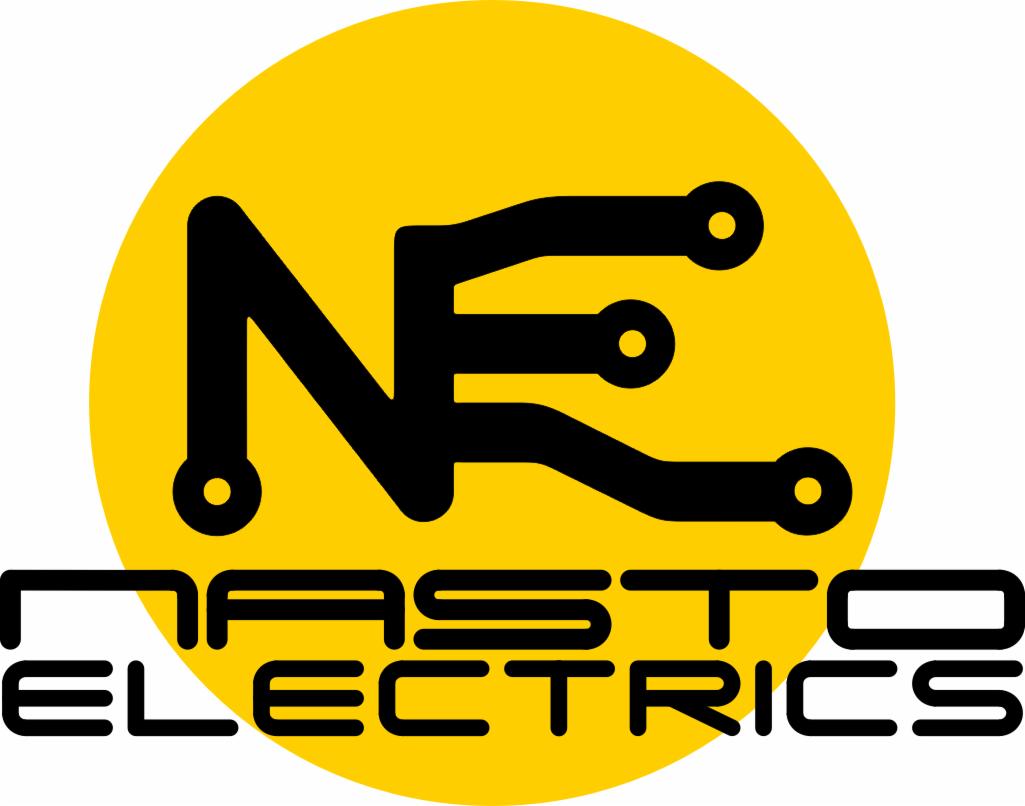 Żółte logo 'NASTO ELECTRICS' z czarnym symbolem elektrycznym przypominającym płytkę drukowaną. Nowoczesny design, wyraźny kontrast.