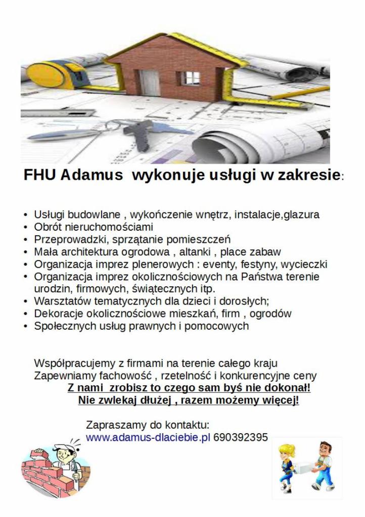 Reklama firmy FHU Adamus: usługi budowlane, wykończenia, instalacje, glazura. Model domu z cegły, miarka, projekty. Zapraszamy do kontaktu.