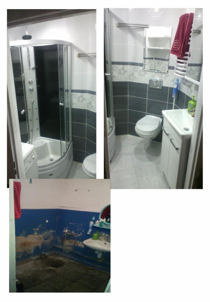 Kompilacja: odnowiona łazienka z kabiną prysznicową, umywalką i toaletą po remoncie. Na dole widok łazienki przed remontem z zniszczonymi ścianami i podłogą.