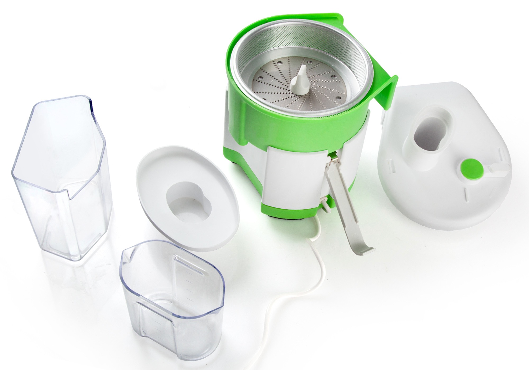 Rozłożony na części wirówka do sałaty z zielonymi akcentami, ukazująca wewnętrzny koszyk i pojemniki na wodę na białym tle.