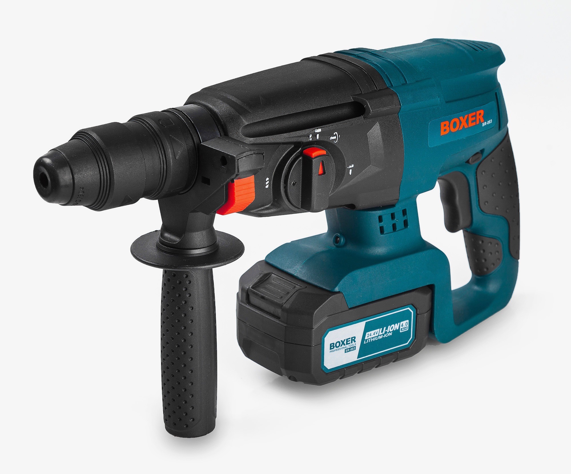 Akumulatorowa wiertarko-wkrętarka Boxer SR-083 w kolorze turkusowo-czarnym, z dodatkowym uchwytem, ustawiona na białym tle.