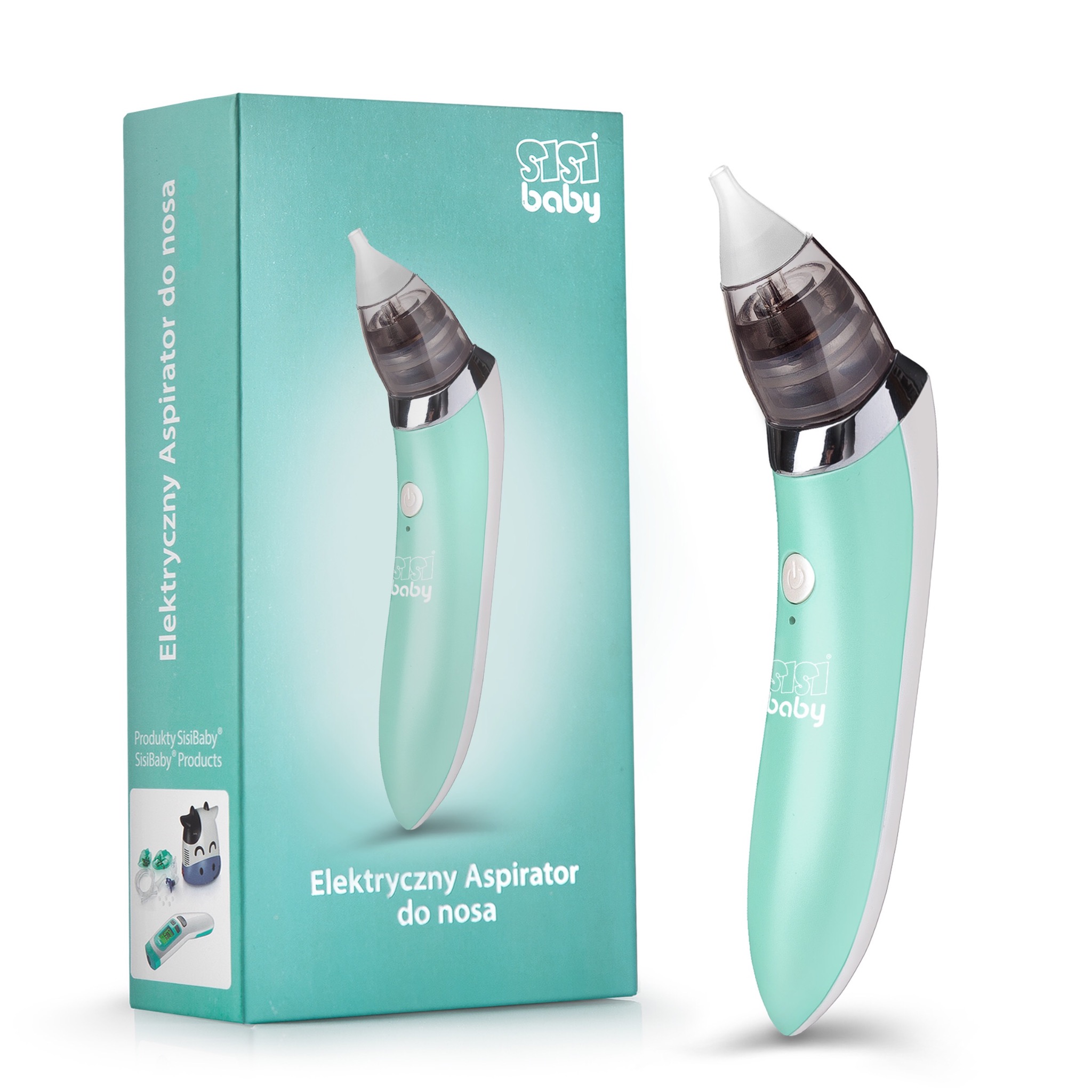 Elektryczny aspirator do nosa SisiBaby w turkusowym opakowaniu obok drugiego aspiratora, widoczne logo firmy i opis produktu.