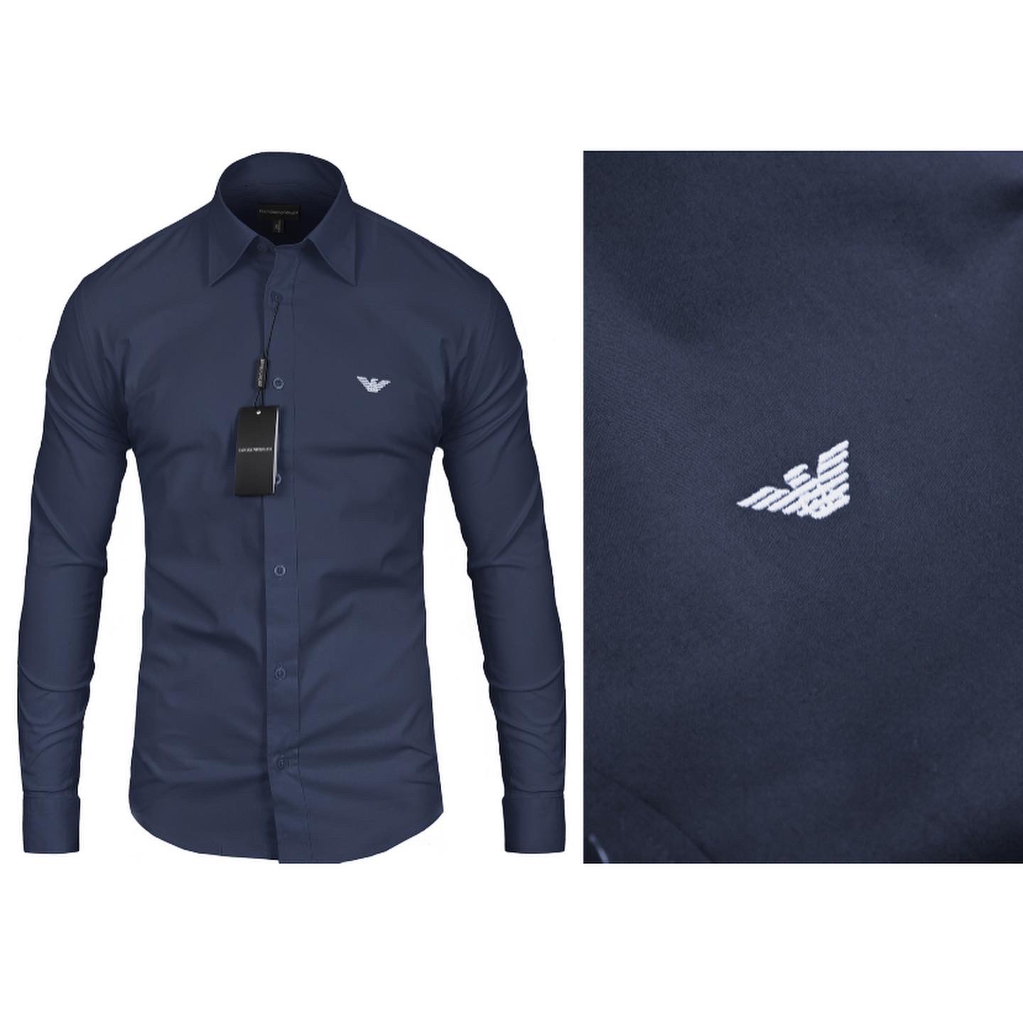 Granatowa koszula męska z długim rękawem, z widocznym logo marki na piersi oraz z przywieszoną metką.