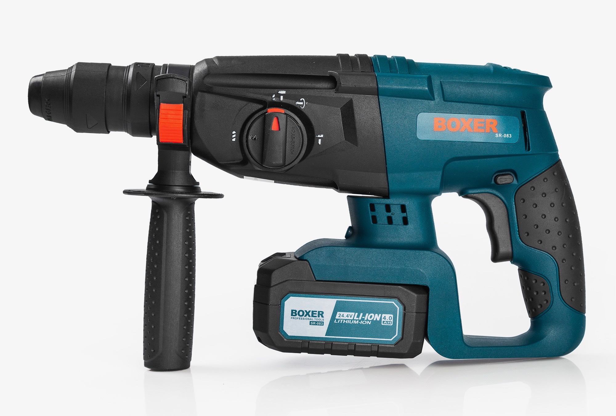 Akumulatorowa wiertarko-wkrętarka Boxer SR-083 w kolorze turkusowo-czarnym, z dodatkową rękojeścią, na białym tle.