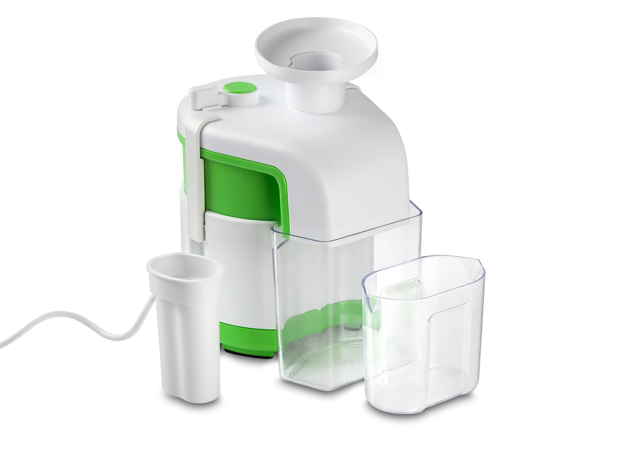 Elektryczna wyciskarka do soków w kolorze białym i zielonym, z dwoma pojemnikami na sok i miąższ, ustawiona na białym tle.