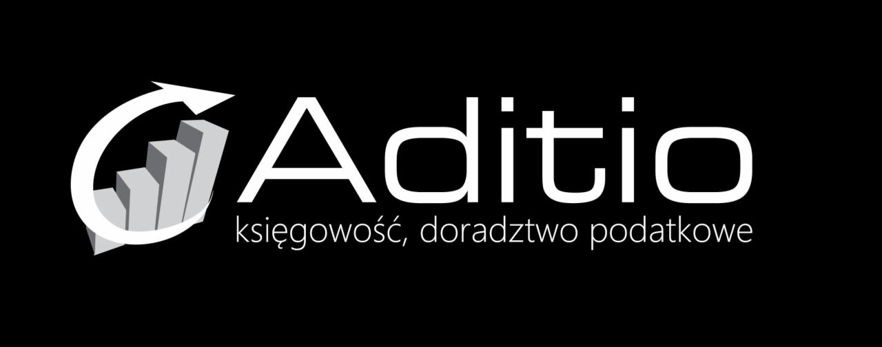 Logo firmy Aditio: księgowość i doradztwo podatkowe. Grafika przedstawia białe schody z strzałką skierowaną ku górze na czarnym tle.