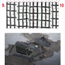 Skan z radaru penetrującego przedstawiający siatkę zbrojenia w betonie, poniżej widoczny fragment uszkodzonego stropu z odsłoniętym zbrojeniem.