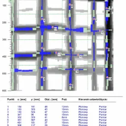 Skan konstrukcji żelbetowej z zaznaczonym rozmieszczeniem prętów zbrojeniowych i ich średnicami, z naniesionymi punktami pomiarowymi i tabelą z danymi pomiarowymi.