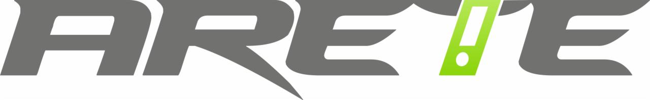 Szary logotyp ARETE z zielonym wykrzyknikiem zamiast litery 'I', na białym tle. Litery o geometrycznym kroju pisma, z ostrymi zakończeniami.