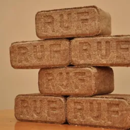 Ułożone w piramidę kostki opału z widocznym wytłoczonym napisem RUF na każdej z nich, leżące na drewnianym blacie na jednolitym beżowym tle.