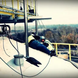 Dwóch monterów w kamizelkach na szczycie zbiornika przemysłowego, wykonujących prace na wysokości, z żółtą konstrukcją w tle i logotypem firmy w rogu.