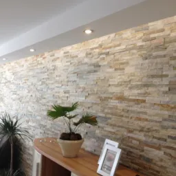 Ściana wykończona dekoracyjną okładziną kamienną w odcieniach beżu i szarości, oświetlona punktowymi lampami sufitowymi, z elementami dekoracyjnymi: roślinami doniczkowymi i ramkami na zdjęcia.
