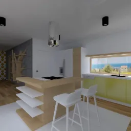 Wizualizacja nowoczesnej kuchni z wyspą i barowymi krzesłami. Duże okno z widokiem na morze. Żółte szafki kuchenne, drewniane elementy. Nietypowa półka na książki.