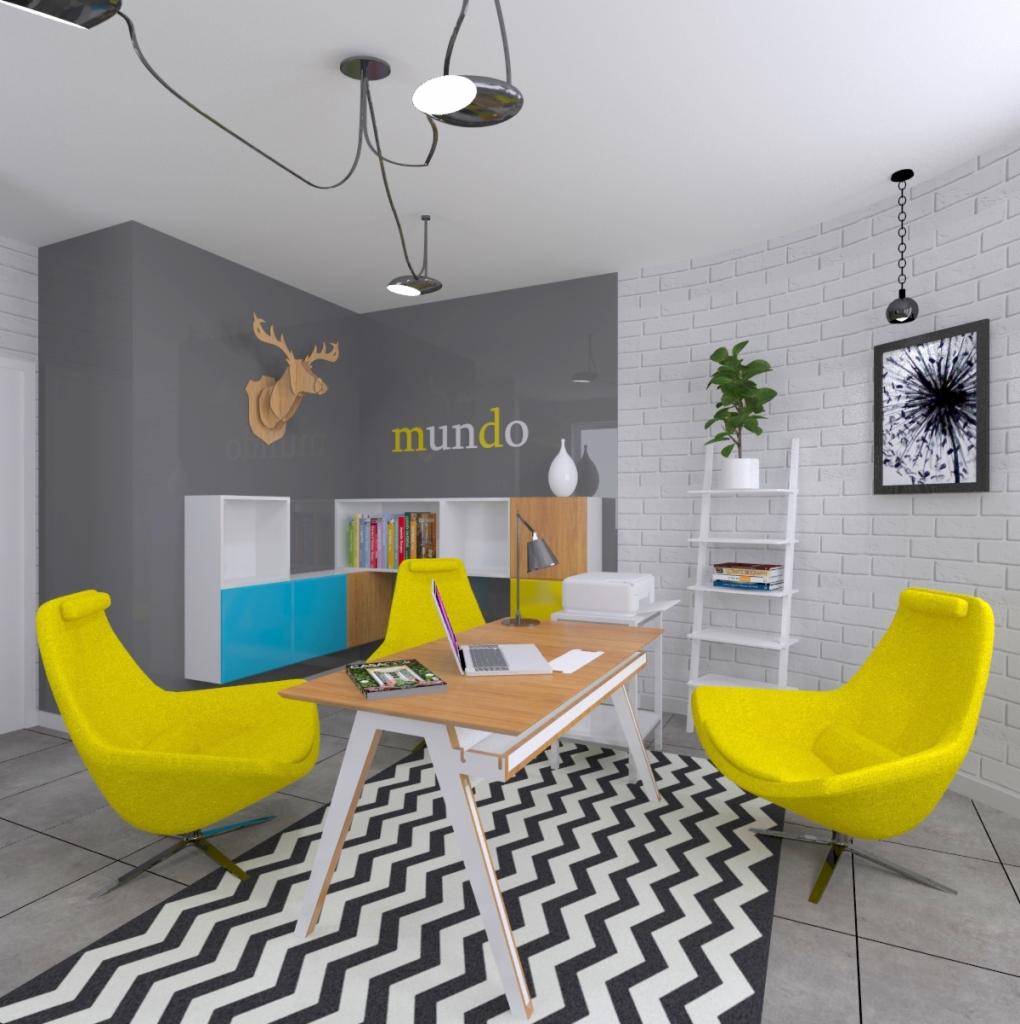 Nowoczesne biuro z żółtymi fotelami, biurkiem z laptopem, regałem i dywanem w zygzaki. Ściana z cegły i dekoracja z drewnianym jeleniem.