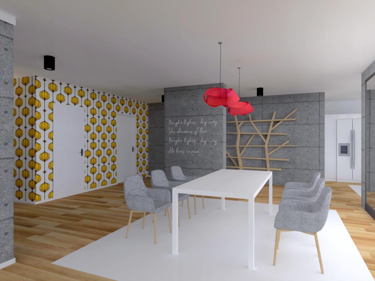 Wizualizacja jadalni z białym stołem i szarymi krzesłami, ściana z żółtym wzorem i betonowa ściana z napisem. Czerwona lampa nad stołem. Nowoczesny design.