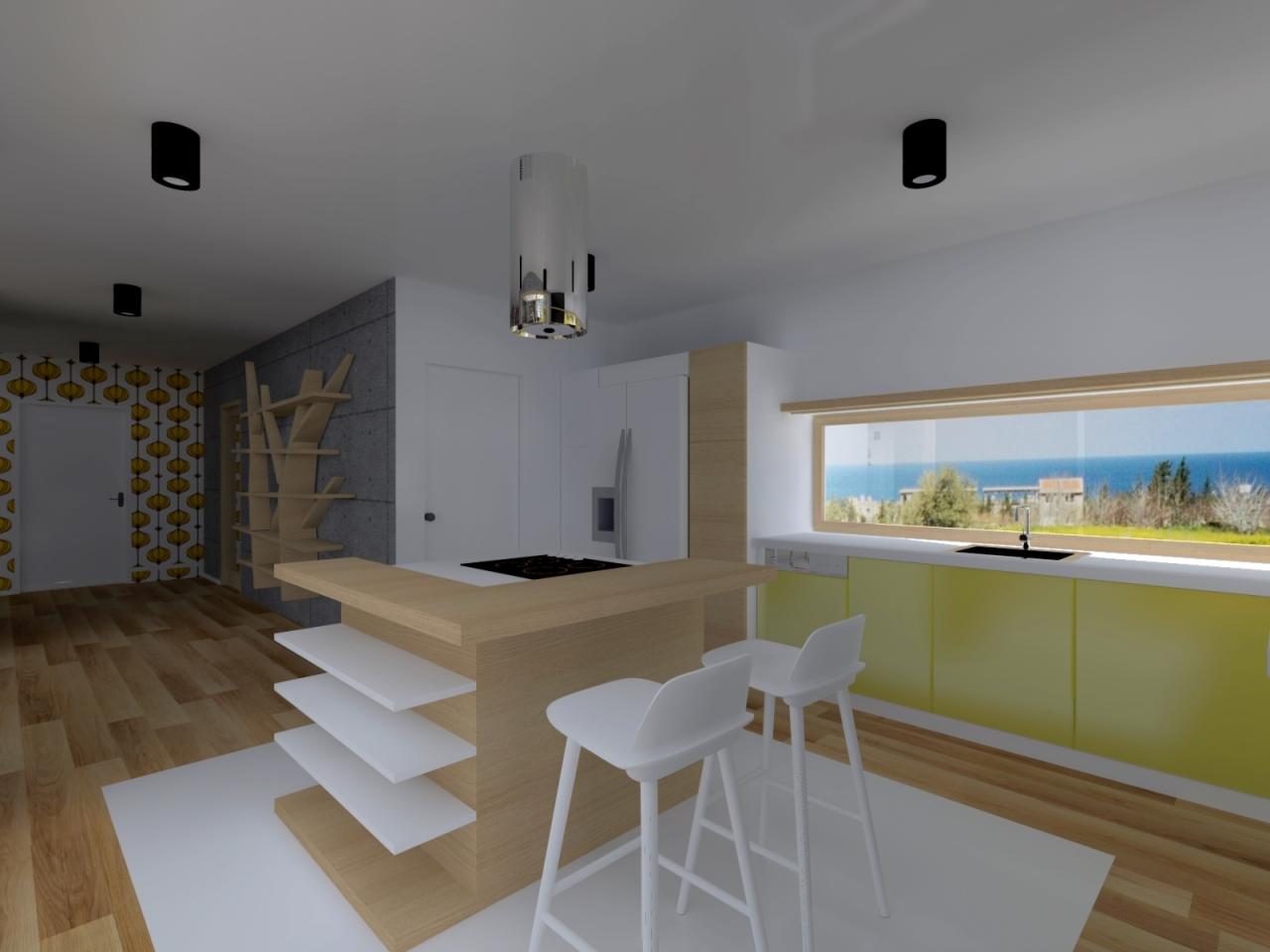 Wizualizacja nowoczesnej kuchni z wyspą i barowymi krzesłami. Duże okno z widokiem na morze. Żółte szafki kuchenne, drewniane elementy. Nietypowa półka na książki.