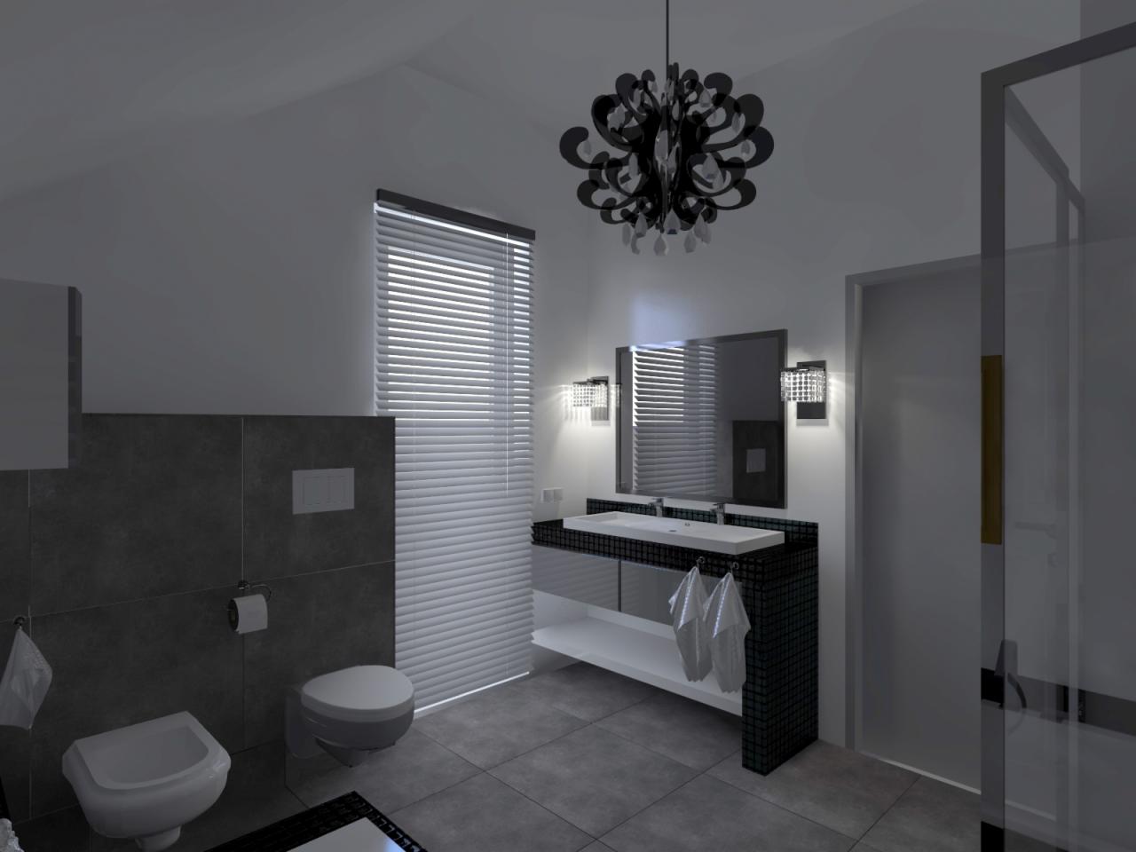 Wizualizacja łazienki z czarno-białymi akcentami: mozaika, żaluzje i dekoracyjny żyrandol. Nowoczesny design z elementami luksusu, podkreślony przez oświetlenie.