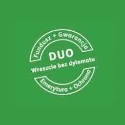 Zielone logo DUO z napisem 'Wreszcie bez dylematu', otoczone hasłami 'Fundusz + Gwarancja' i 'Emerytura + Ochrona'. Minimalistyczny design.