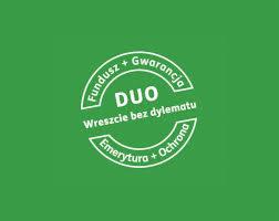 Zielone logo DUO z napisem 'Wreszcie bez dylematu', otoczone hasłami 'Fundusz + Gwarancja' i 'Emerytura + Ochrona'. Minimalistyczny design.