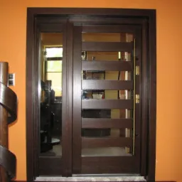 Przesuwne drzwi wewnętrzne z ciemnego drewna z poziomymi przeszkleniami, widoczne schody z giętą poręczą i pomarańczowa ściana w tle.