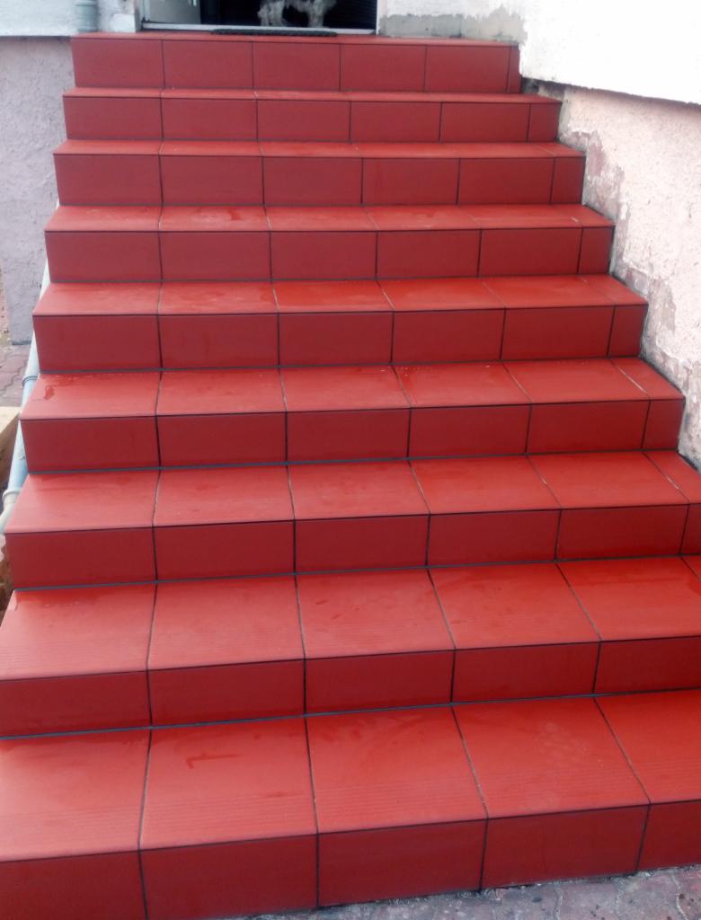 Czerwone, kwadratowe płytki ceramiczne ułożone na schodach wejściowych do budynku, fuga w kolorze czarnym, widoczne ślady wilgoci na powierzchni płytek.
