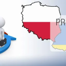 Profesjonalne wsparcie biznesu w Polsce i Ukrainie: grafika z mapą, flagami i figurkami na strzałkach. Symbolizuje cykl rozwoju i partnerstwo międzynarodowe.