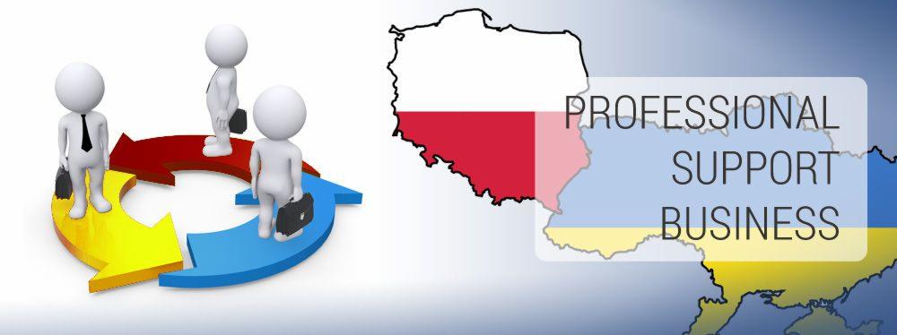 Profesjonalne wsparcie biznesu w Polsce i Ukrainie: grafika z mapą, flagami i figurkami na strzałkach. Symbolizuje cykl rozwoju i partnerstwo międzynarodowe.
