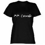 Czarna koszulka damska z białym napisem 'MM Catwalk' na piersi, prezentowana na białym tle. Widoczny krój i materiał koszulki.