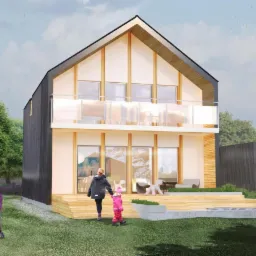 Wizualizacja dwukondygnacyjnego domu z drewnianą elewacją, balkonem z przeszkloną balustradą i tarasem. W tle widoczne drzewa i osoby.