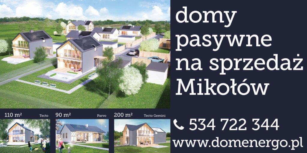 Wizualizacja osiedla domów pasywnych na sprzedaż w Mikołowie. Domy z dużymi przeszkleniami i nowoczesną architekturą. Kontakt telefoniczny i adres strony internetowej.