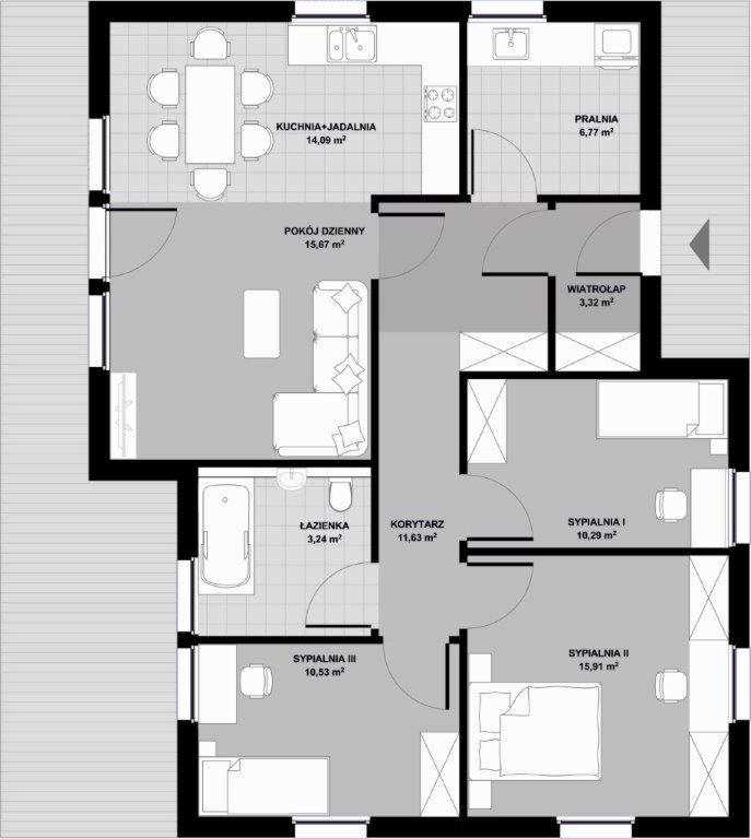 Plan domu szkieletowego z rozmieszczeniem pomieszczeń: kuchni, salonu, łazienki, pralni i trzech sypialni. Widok z góry, uwzględnione metraże poszczególnych pokoi.