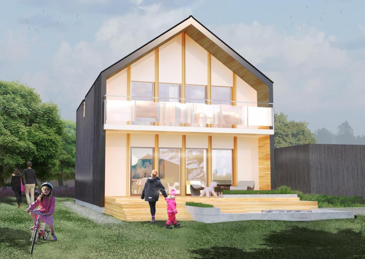 Wizualizacja dwukondygnacyjnego domu z drewnianą elewacją, balkonem z przeszkloną balustradą i tarasem. W tle widoczne drzewa i osoby.