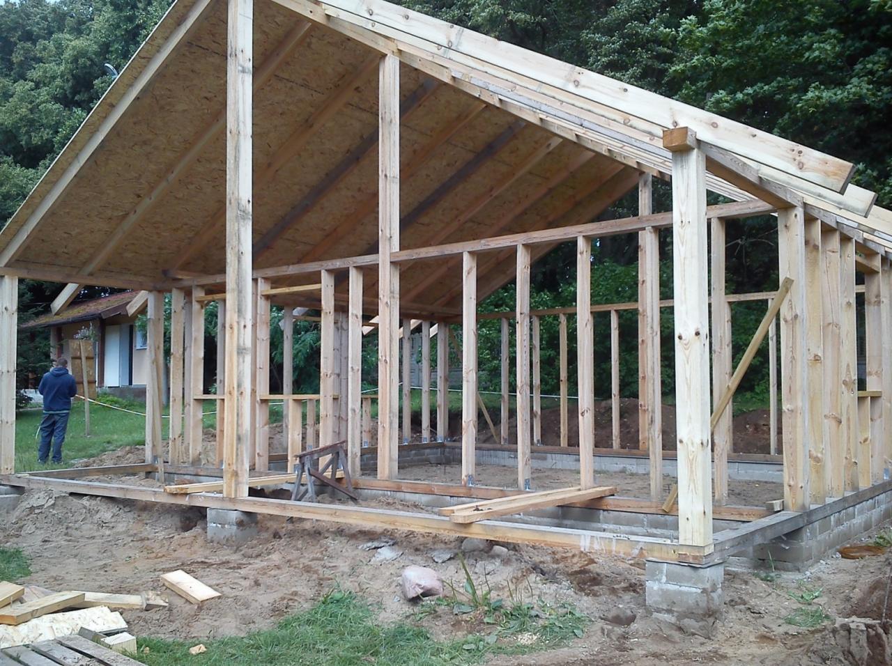 Konstrukcja szkieletowa domu w trakcie budowy, widoczne drewniane elementy ścian i dachu, fundament, w tle zieleń. Osoba w oddali przy budynku.