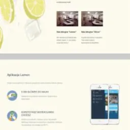Projekt strony internetowej szkoły językowej z motywem cytrynowym, prezentujący ofertę kursów, aplikację mobilną i dane kontaktowe. Layout responsywny.
