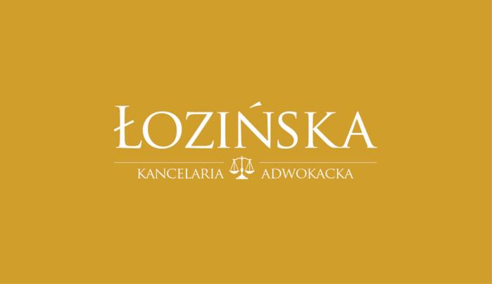 Eleganckie logo kancelarii prawnej Łozińska na złotym tle, z motywem wagi sprawiedliwości.