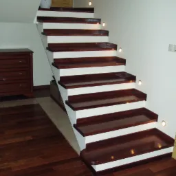 Schody z ciemnego drewna z białymi podstopnicami i oświetleniem punktowym w ścianie, widoczne drewniane podłogi i komoda w tle. Detal wykończenia wnętrza.