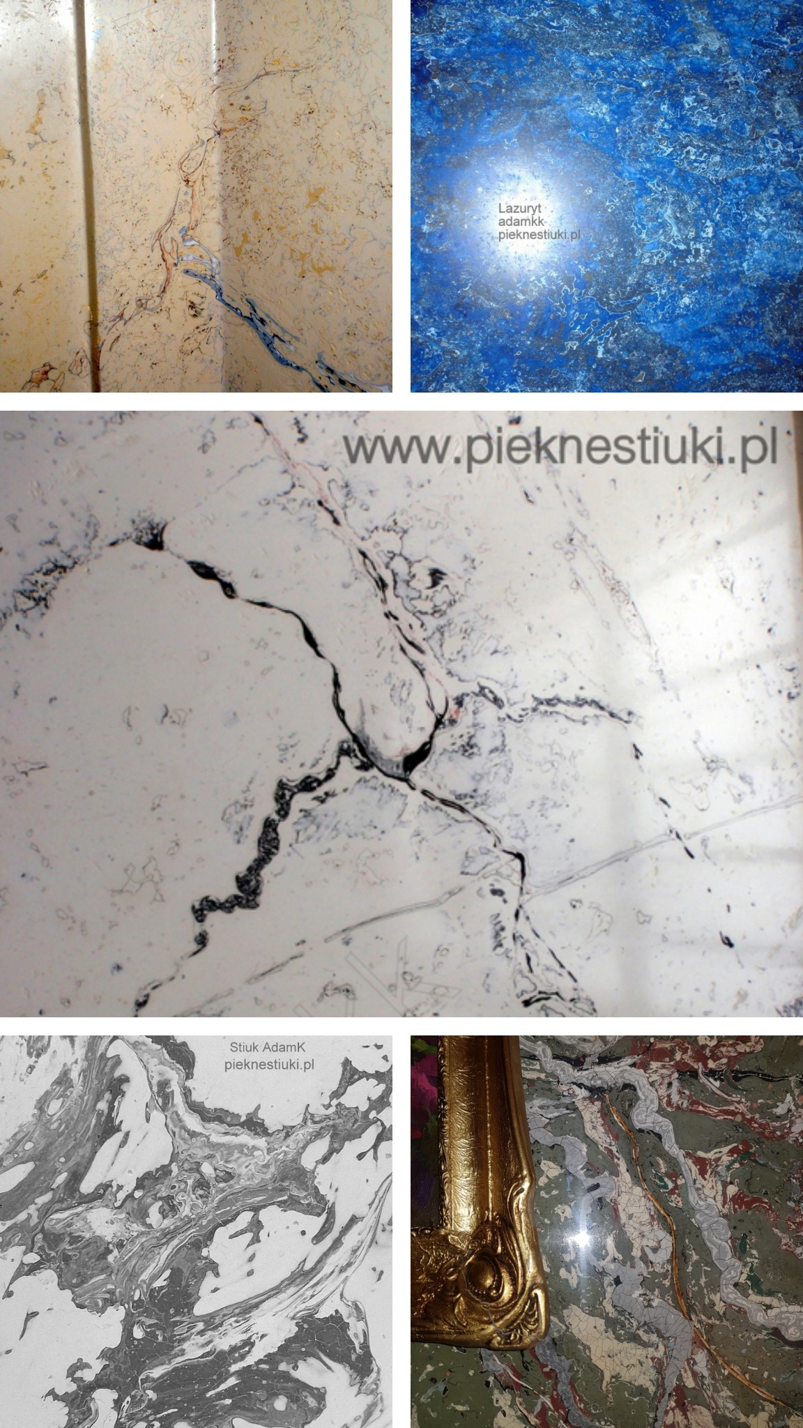Kompozycja czterech zbliżeń na powierzchnie imitujące marmur w różnych kolorach i fakturach, wykonane w technologii Ultra Stiuku 3D, z widocznym adresem strony internetowej.