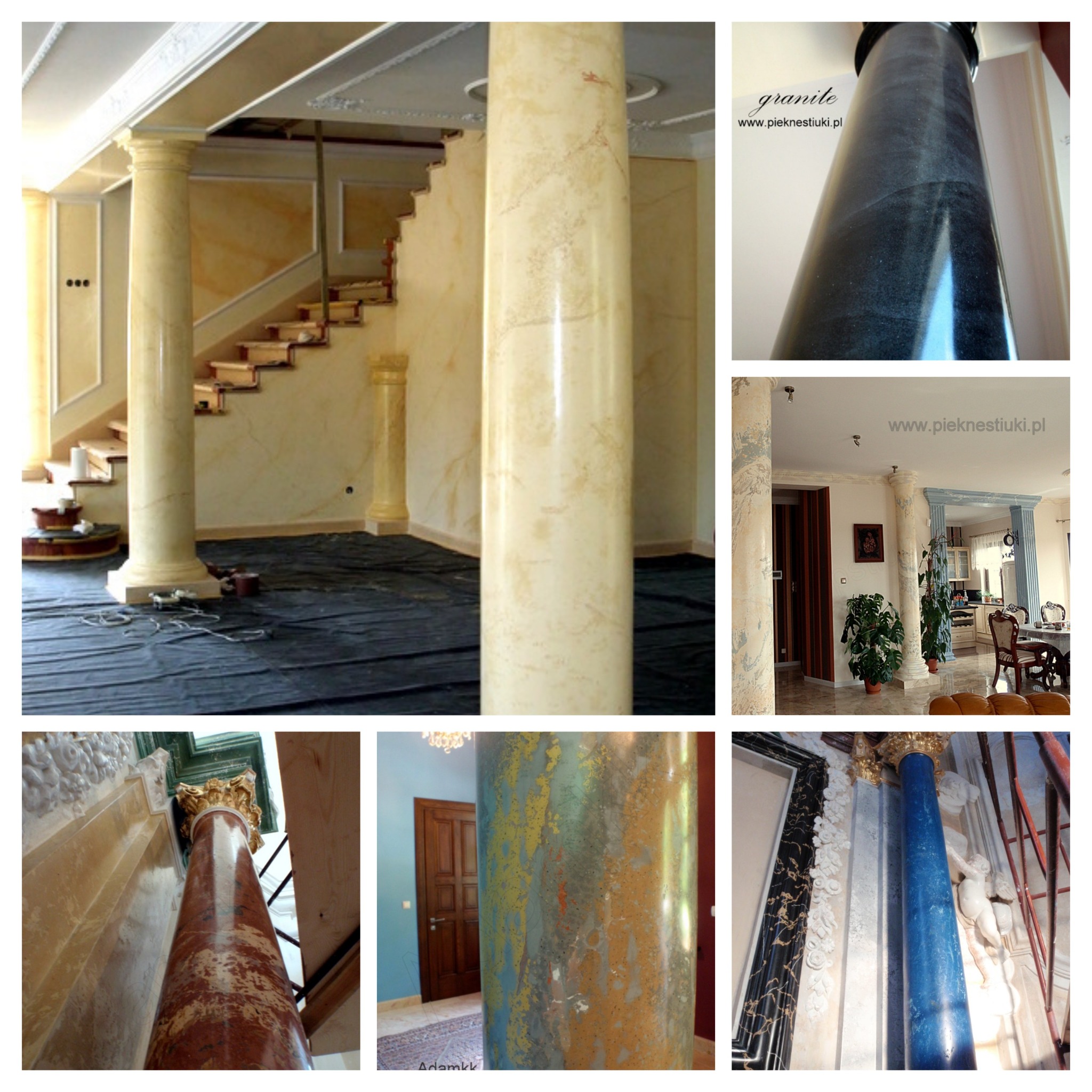 Imitacje marmuru w technologii Ultra Stiuku 3D na kolumnach i ścianach w luksusowym wnętrzu, widoczne detale wykończeniowe i zabezpieczona podłoga.