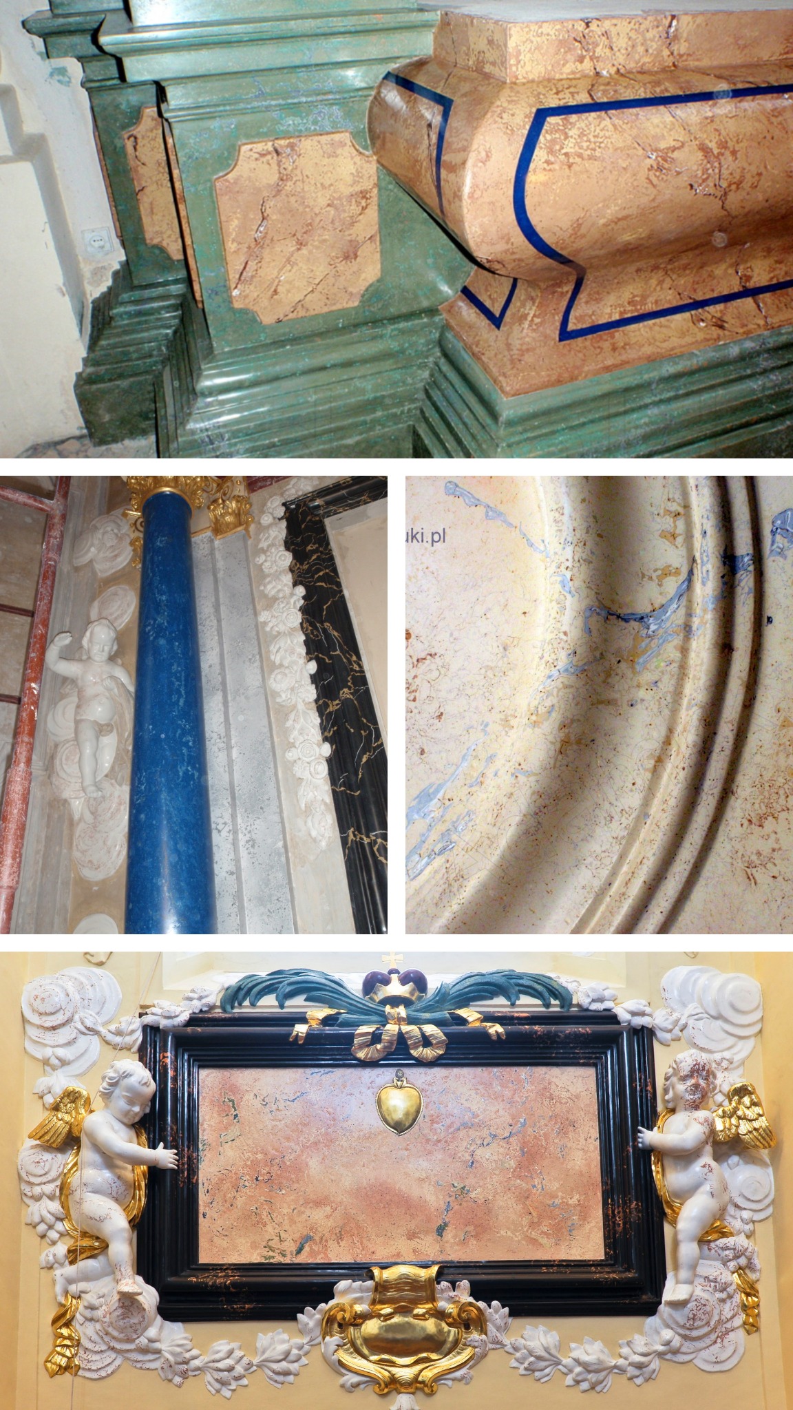 Autorska imitacja marmuru Ultra Stiuku 3D na elementach dekoracyjnych wnętrza: kolumna, rama obrazu z aniołami, fragment ściany.