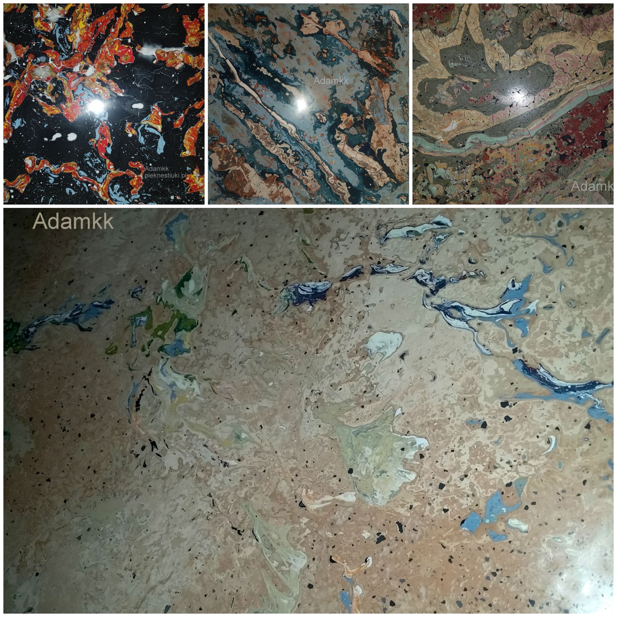 Cztery zbliżenia na próbki stiuku w różnych kolorach i wzorach imitujących marmur, z widocznym logo firmy Adamkk i adresem strony pieknestiuki.pl na jednej z próbek.