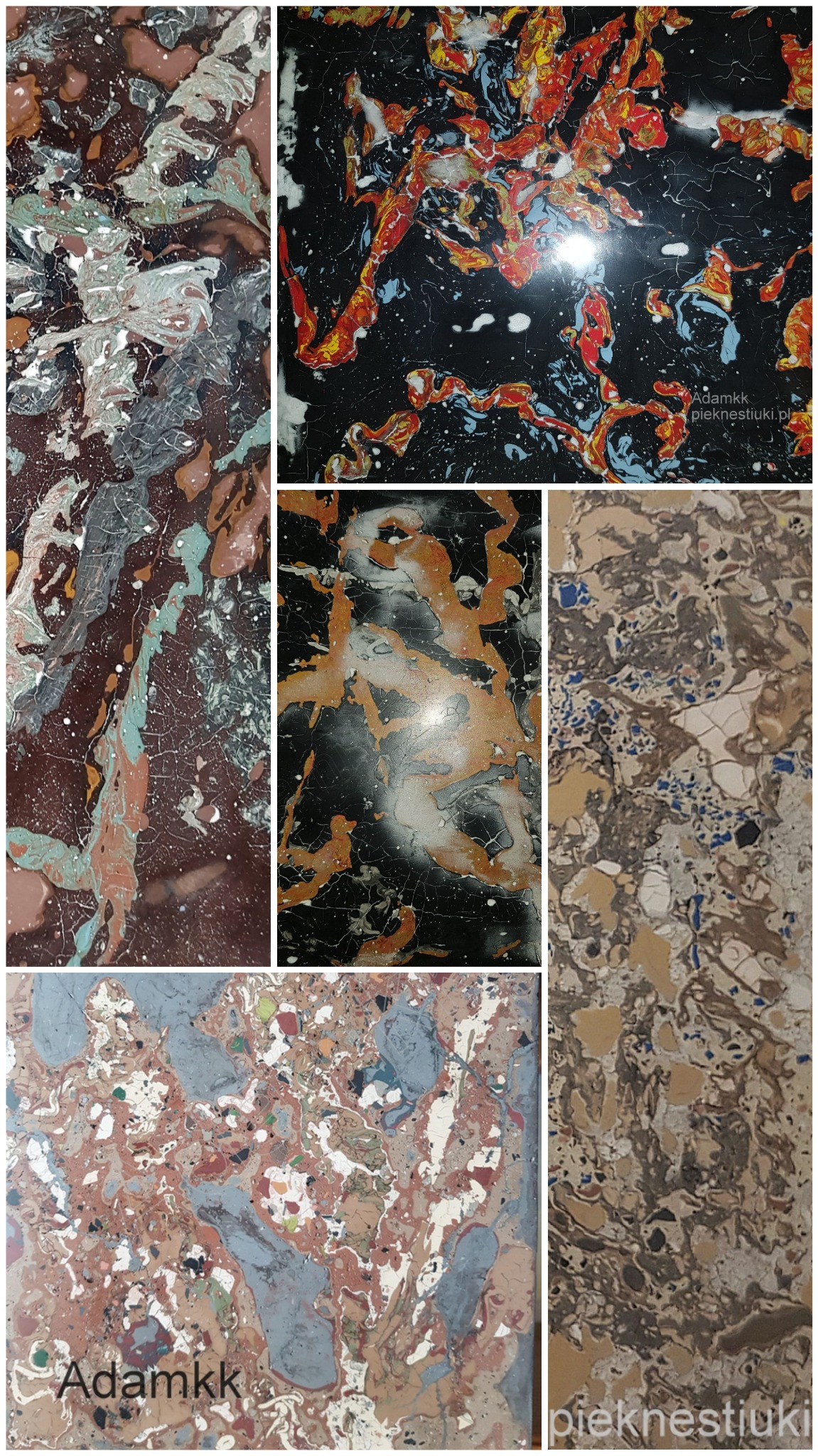 Kompilacja zbliżeń imitacji marmuru wykonanych w technologii Ultra Stiuku 3D w Częstochowie, prezentująca różnorodność wzorów i kolorów.