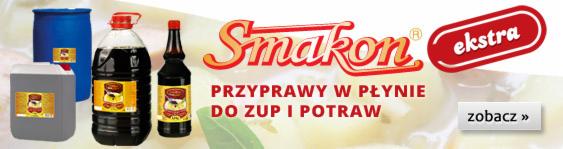 Reklama Smakon: płynne przyprawy do zup i potraw w plastikowych pojemnikach i butelkach. Napis 'ekstra' i przycisk 'zobacz'.