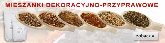 Mieszanki dekoracyjno-przyprawowe w drewnianych łyżkach, z różnymi kompozycjami i kolorami, obok opakowania. Promocja z przyciskiem 'zobacz'.