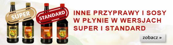 Oferta przypraw i sosów w płynie, wersje Super i Standard. Butelki z etykietami prezentują różne smaki i kompozycje. Widoczny napis 'zobacz'.