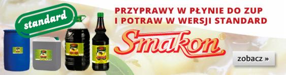 Catering: Przyprawy w płynie Smakon w różnych opakowaniach, od beczki po butelki. Reklama z napisem 'zobacz'.
