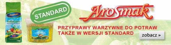 Grafika reklamowa przypraw warzywnych Arosmak w opakowaniu i pojemniku, z napisem 'STANDARD' i hasłem 'PRZYPRAWY WARZYWNE DO POTRAW TAKŻE W WERSJI STANDARD'.