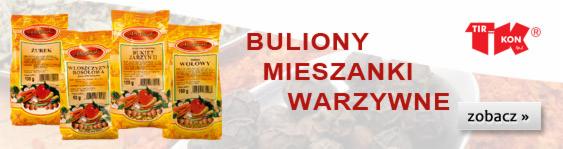Żurek, rosół, wołowy: buliony i mieszanki warzywne marki Tir-Kon w pomarańczowych opakowaniach z ilustracją gotowej zupy na jasnym tle z napisem 'zobacz'.